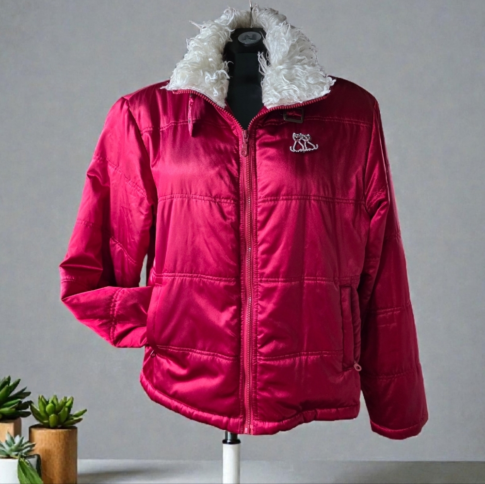 Xntrik Sports Vtg Women's Red Puffer Lightwight Jacket with Faux Fur Collar